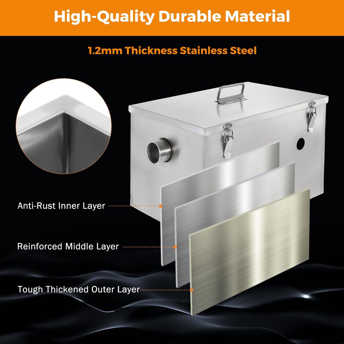 BEAMNOVA 8lbs Commercial Grease Trap Stainless Steel Interceptor for Restaurant Side Inlet