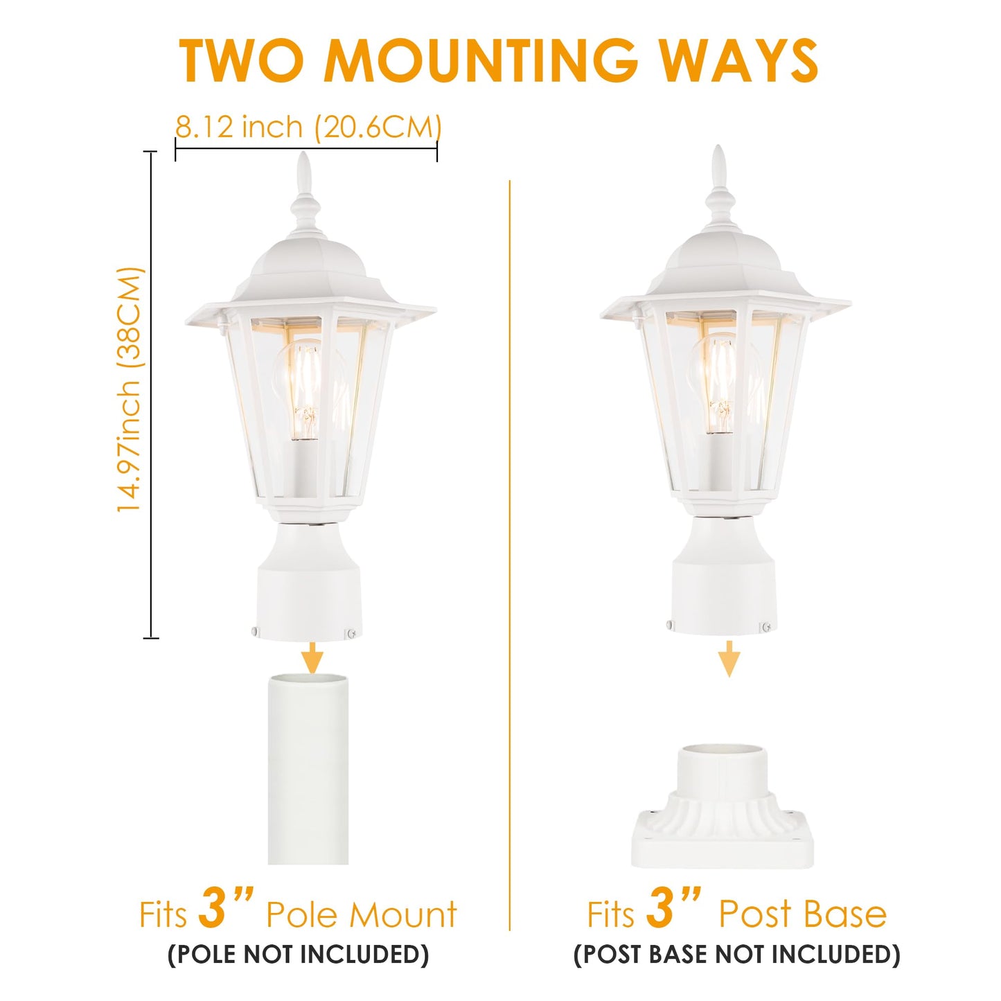 GRUENLICH Outdoor Post Lighting Fixture, Aluminum, 15in Height, White Finish, E26 Medium Base, 2 Pack, Model GR-PL001-WT-2PK