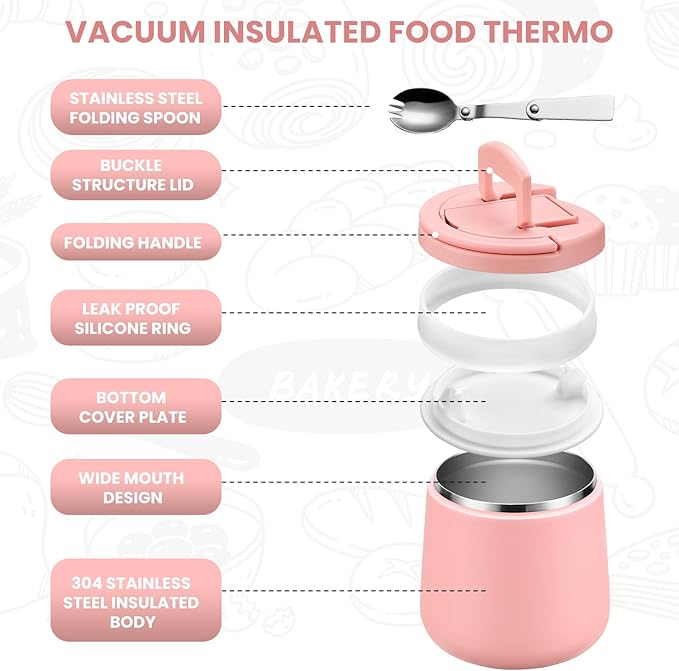 Kids Thermo for Hot Food 20oz Lunch Containers with Buckle Lid Wide Mouth Hot Food Jar Vacuum Insulated Stainless Steel Bento Box Leakproof with Spoon(Pink)