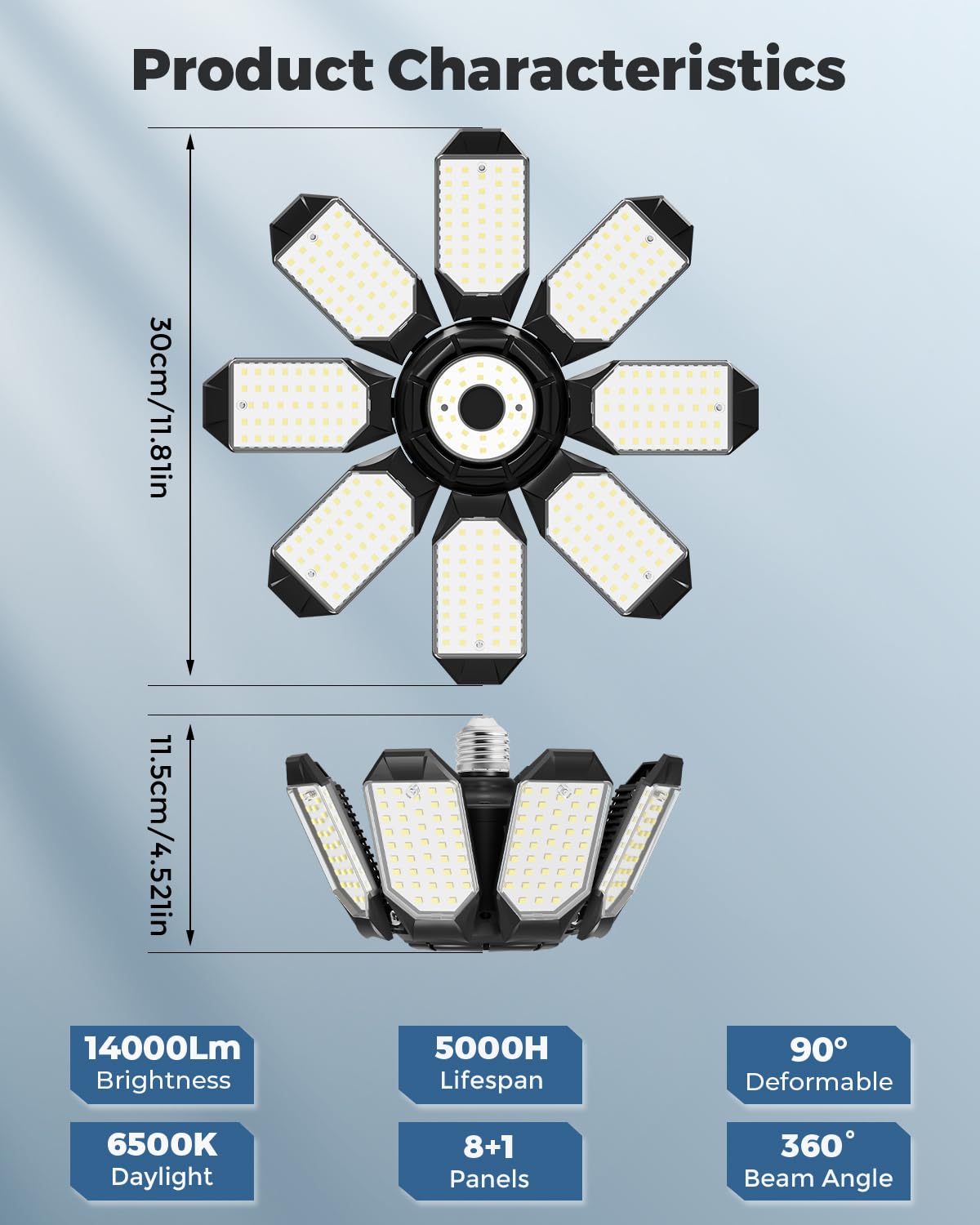 Adiding Led Garage Ceiling Lights 56000Lm 4 Pack W/ 8 Adjustable Panels  Super Bright Deformable Basement Lighting Fixture Screw In E26 Bulb Socket For Indoor Workshop  Attic  Storage  Bay  Home Gym