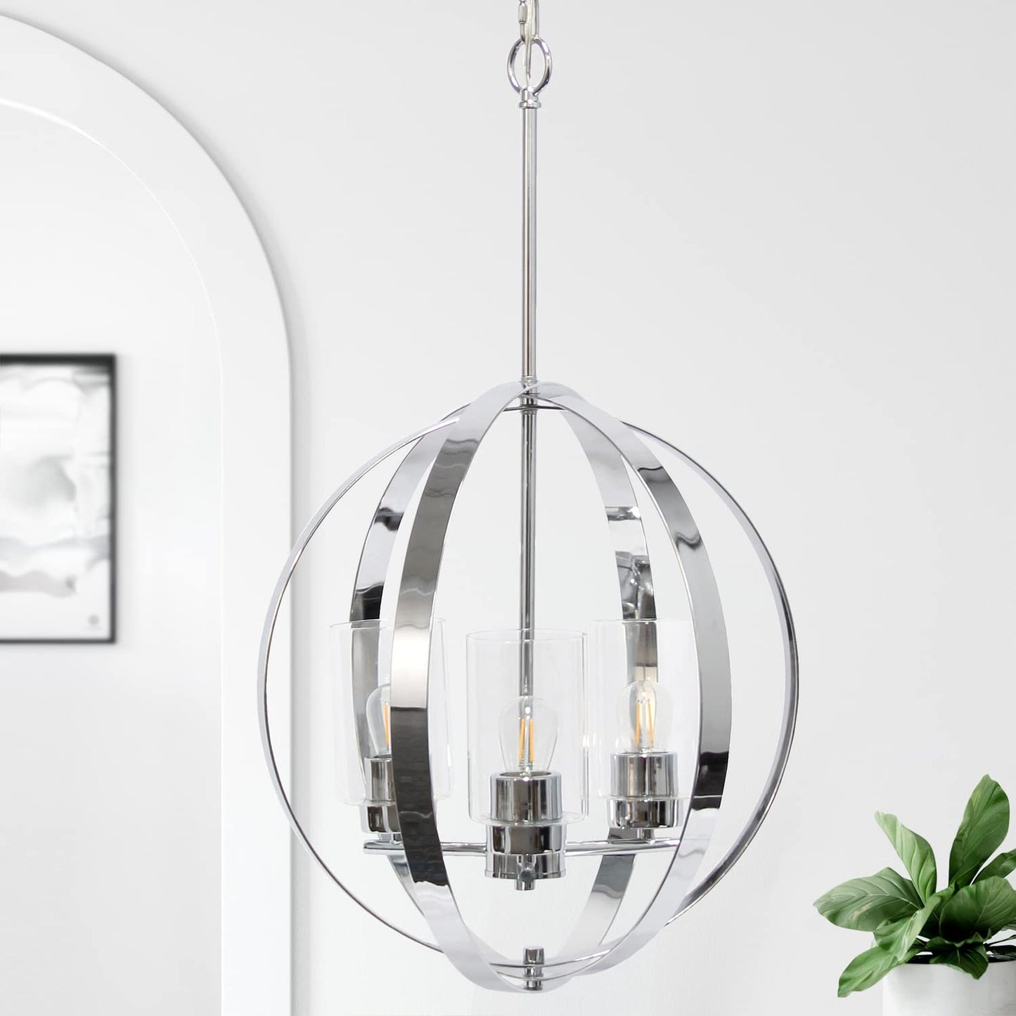 Elegant Designs 3-Light Pendant Light Metal & Glass 18in Chrome PT1021-CHR