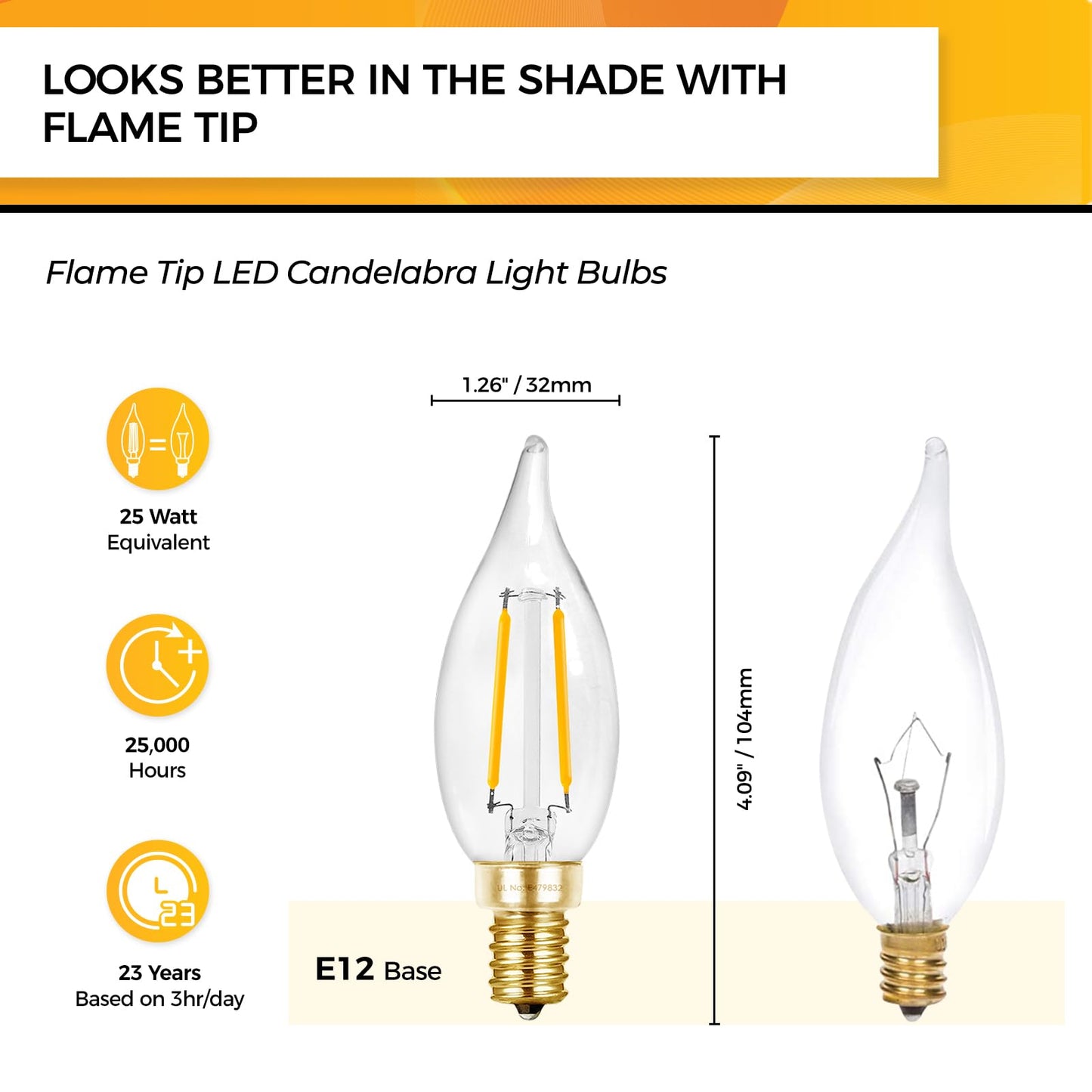 Hizashi 90+ Cri Dimmable E12 Led Candelabra Bulb 25W Equivalent, 2700K Soft Warm White, 12 Pack, Glass, Ca10 Flame