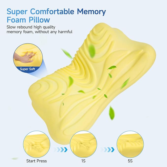 Cervical Pillow for Neck Pain Relief,Memory Foam Ergonomic Neck Support Pillow for Side Back&Stomach Sleepers with Pillowcase,Contour Best Bed Anti-Snoring Pillows for Sleeping-2Pack