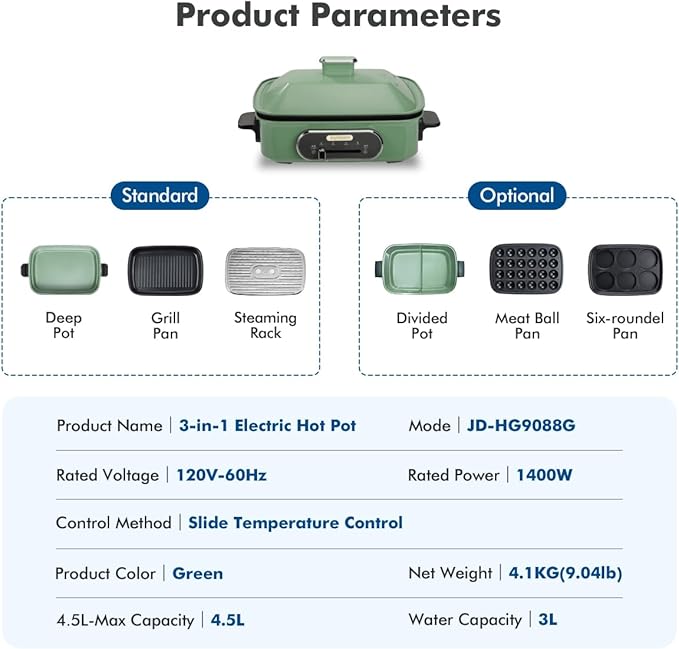 Joydeem 3-in-1 Electric Hot Pot, Multi-use Shabu Shabu Pot with Grill Pan & Steamer, Non-stick Ceramic Oil Coating, UL Listed, JD-HG9088G, Green