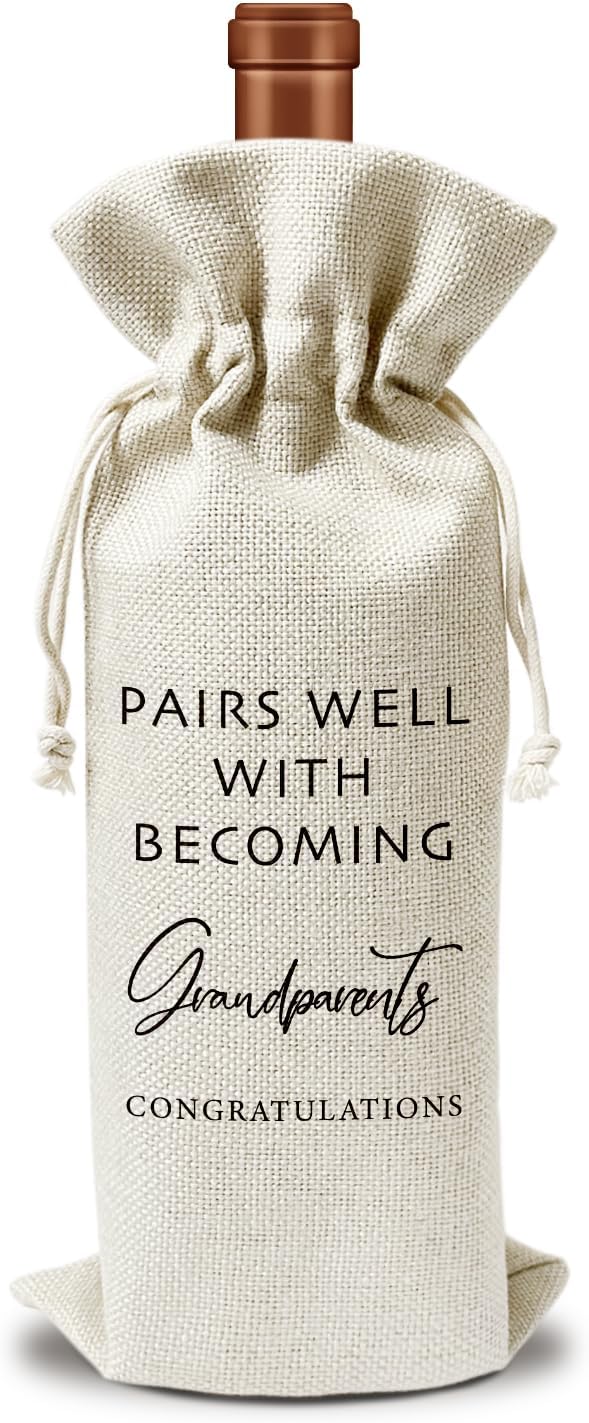 Pregnancy Announcement for Grandparents Wine Gift Bags, First Time Grandparents Gifts for Grandparents, 1pcs Reusable Burlap Wine Gift Bags for Wine Bottles, Baby Announcement Holiday Party Favor -22
