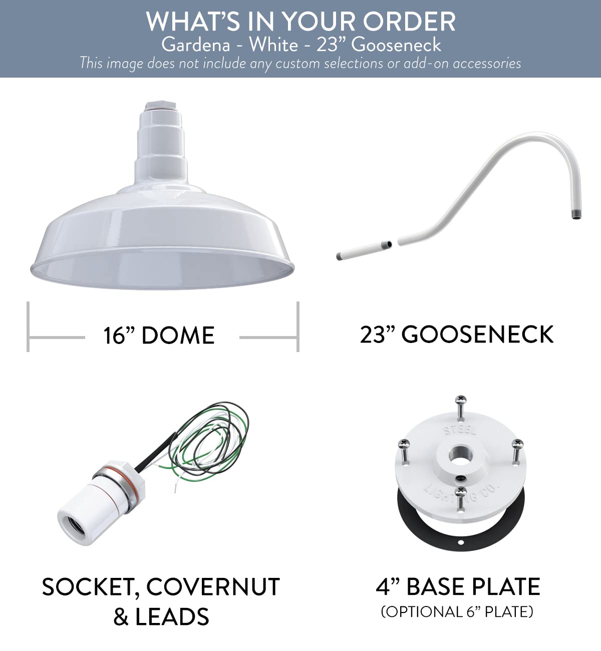 Steel Lighting Co. Gardena Barn Light, 16 Dome, 23 Gooseneck, White Steel, Outdoor Wall Mounted, Made In America