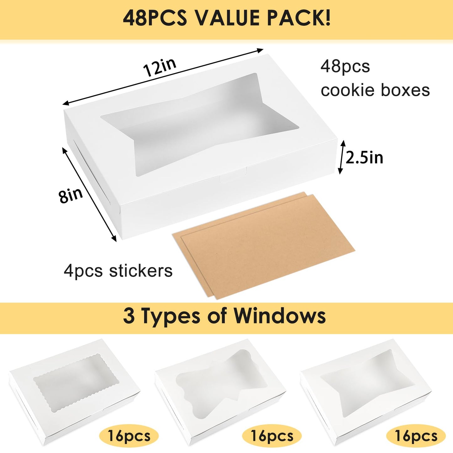 Moretoes 48pcs Bakery Boxes,12x8x2.5 Inches Cookie Boxes with 3 Style Window for Chocolate Covered Strawberries, Desserts, Cookies, with 4pcs Stickers