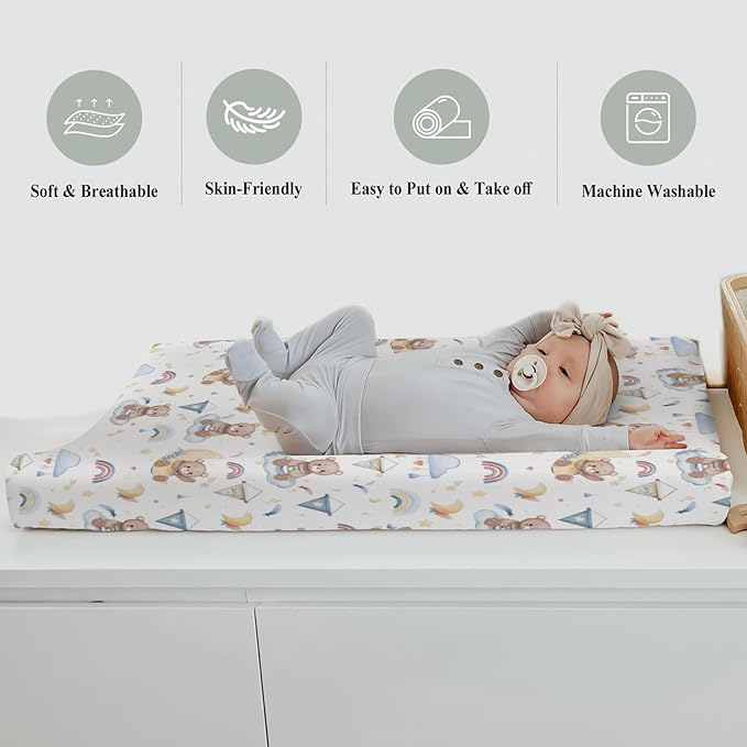 Watercolor Bear Rainbow Blue Changing Pad Covers for Baby Boys Cute Bears Moon Stars Clouds Fitted Change Table Covers Mats Animal Soft Diaper Changing Table Sheets for 32''×16'' Contoured Pad