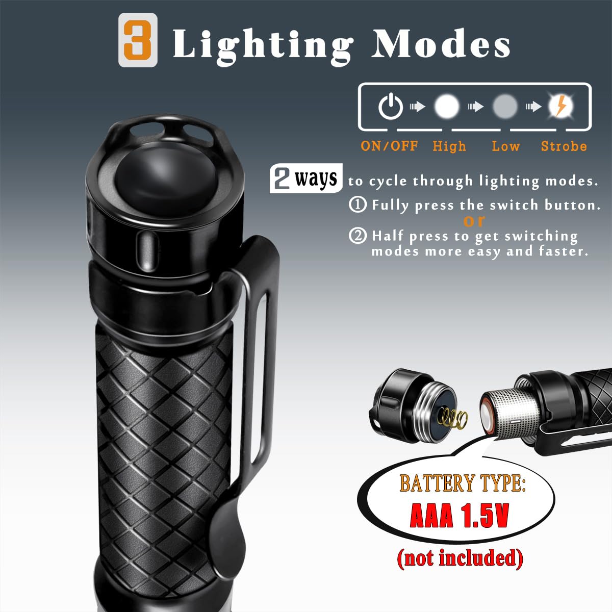 Ansyper CC Mini Flashlight LED Tactical Pen Light, 3.4 in, Aluminum, Black, Model SF 8000, Water-Resistant, Portable, AAA Battery
