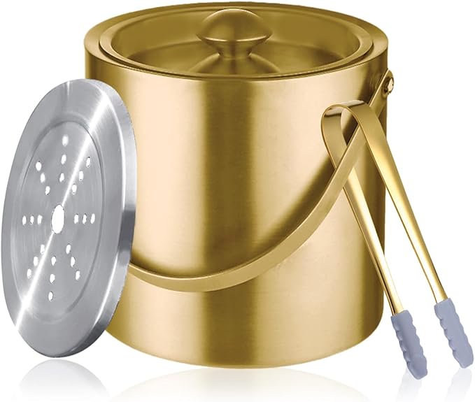 Sipoyen Gold Ice Bucket with Lid, Handle and Tong Insulated Stainless Steel Champagne Bucket 3L Wine Bucket for Party Bar ...