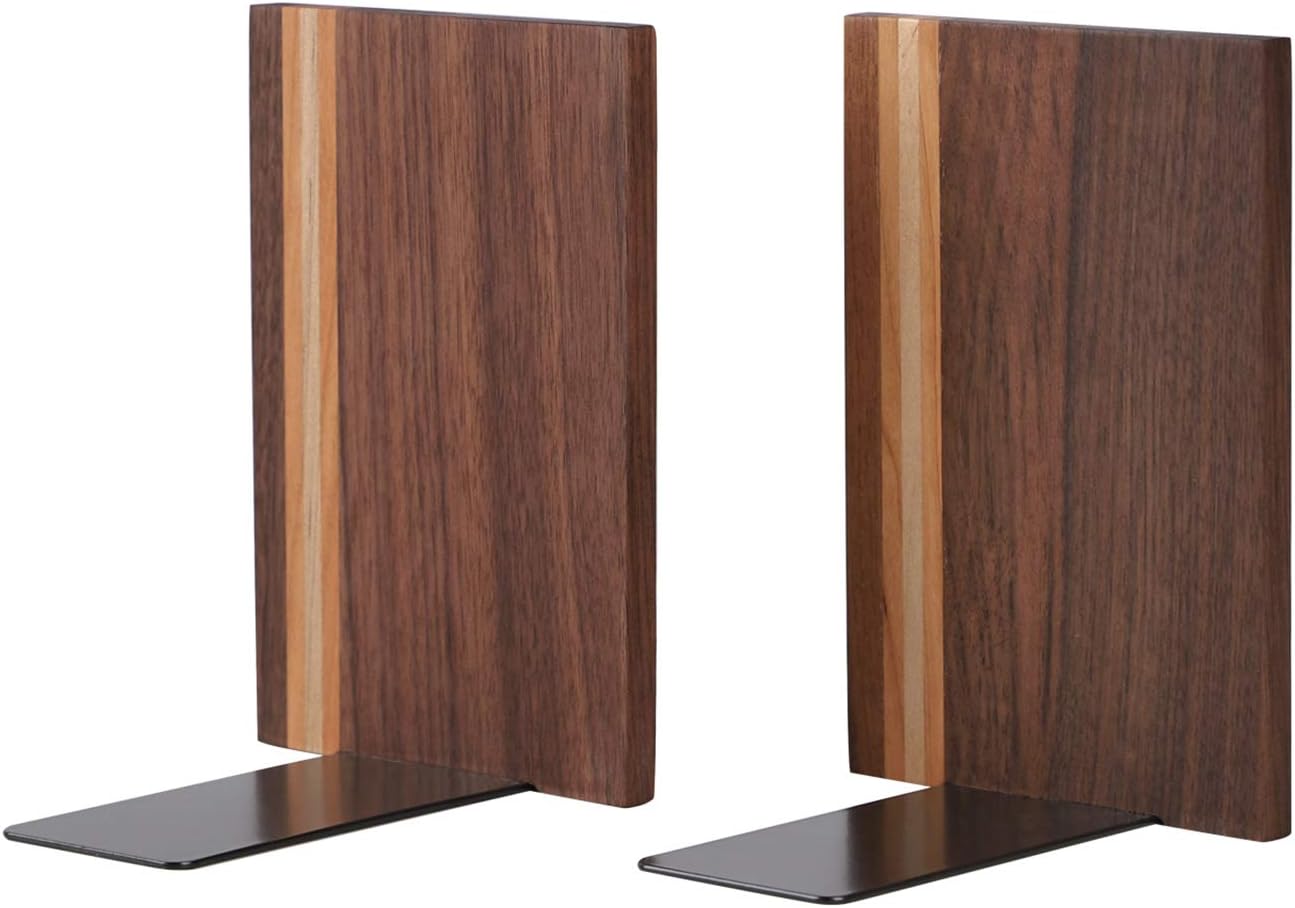 Muso Wood Artist Bookends, Decorative Bookshelf Book Ends Heavy Duty Bookends Desktop Organize Books Wooden Book Ends for Home Office Kitchen 6"x4" (Walnut)