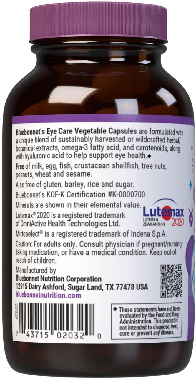 Bluebonnet Nutrition Eye Care Macular & Blue, Eye Health & Blue Light Support*, Vegan, Kosher-Certified, Gluten-Free, Dairy-Free, 60 Vegetable Capsules, 30 Servings
