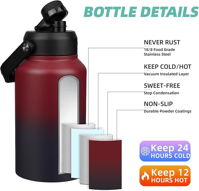 BJPKPK 87oz Insulated Water Bottle, Dishwasher Safe 2/3 Gallon Water Bottle with Ergonomic Handle, BPA Free Leak Proof Water Jug,Stainless Steel Flasks with Anti-slip Bottom, Charming Red