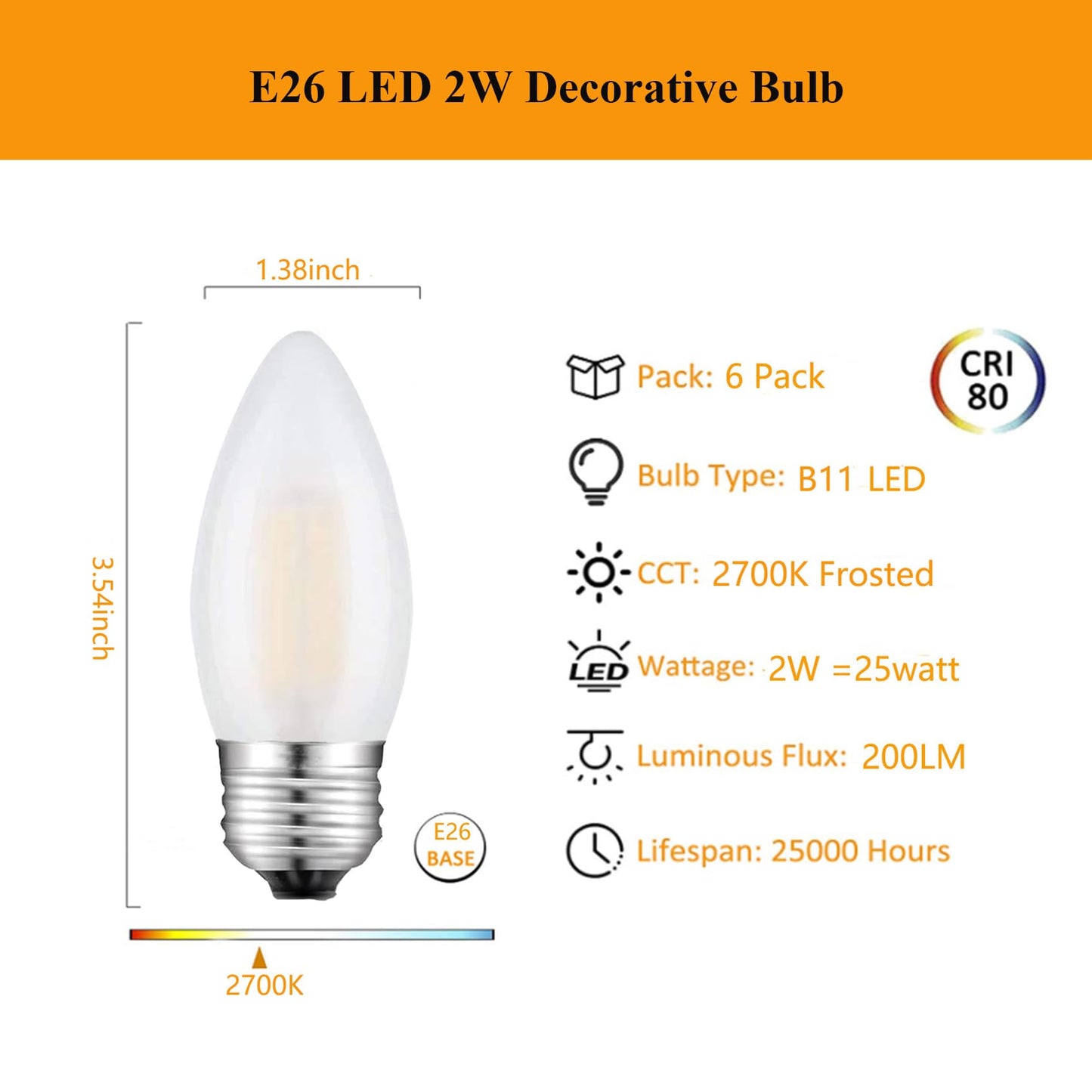 Beonllay E26 Candelabra Bulb Frosted Medium Base 2700K Warm White Equivalent 25 Watt Light Bulbs, B11 Dimmable LED 2W Chandelier Candle Light for Decorative, 6 Pack