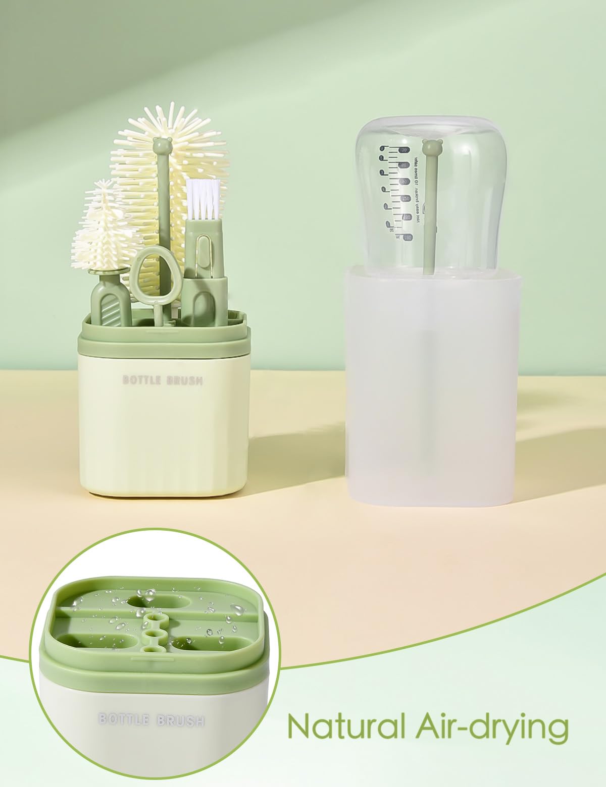 BOVELLA Baby Bottle Brush Set-Travel Bottle Cleaner Kit with Silicone Brush,Drying Rack,Nipple Brush,Straw Brush,Bottle Mouth Brush,Storage Box-6 in 1 Portable Bottle Washing Kit for Home and Travel