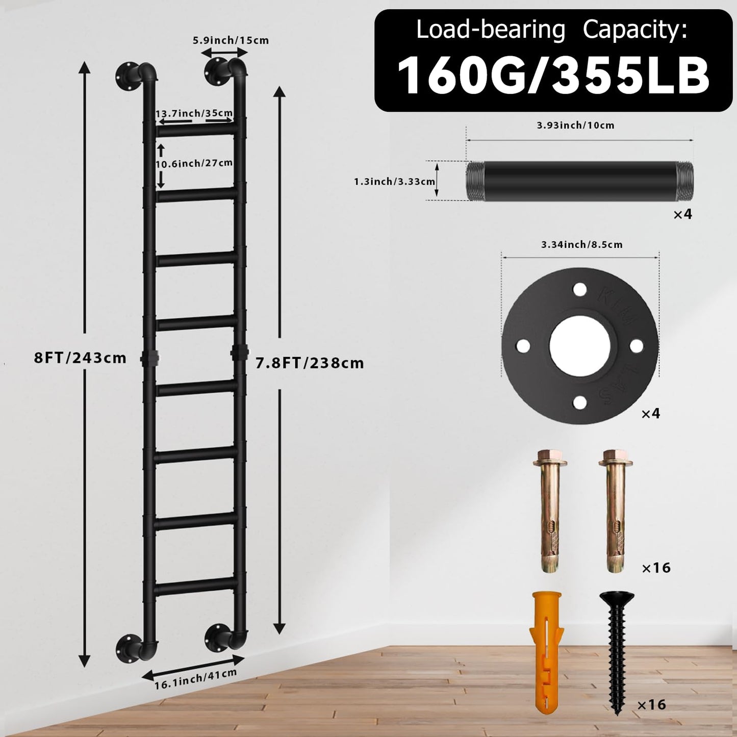 8-Rung Wall Mounted Ladder, Heavy-Duty Metal 8FT Egress Window & Loft Ladder for Basement, Attic Bunk Bed, Fire Escape - 355LBS Load, Matte Black