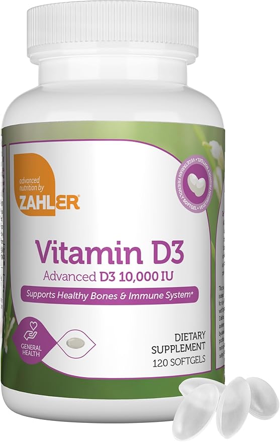 Zahler - Advanced Vitamin D3 10,000 IU Softgels (120 Count) Kosher Vegetarian Friendly Vitamin D for Immune Support, Bone, Teeth & Muscle Health - Daily D3 Vitamin Supplement for Adults - Easy Swallow