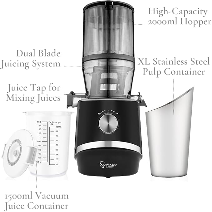 Sana 878 Self Feeding Batch Juicer | 3 Days of Cold Press Juicing Effortlessly | Most Convenient Juicer with Autopilot Configuration | Large Batch 2 Liter Capacity | Whole Fruits & Vegetables | Black