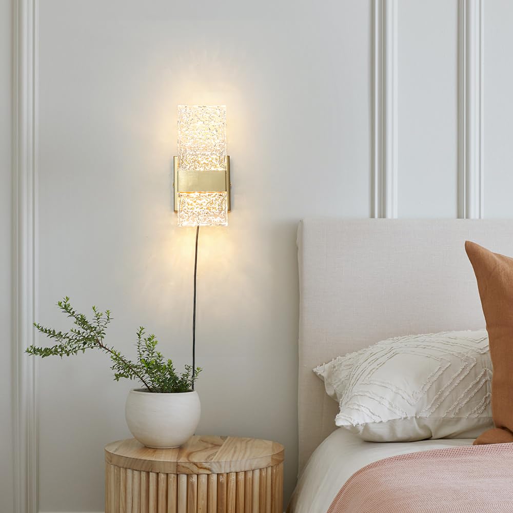 Ditoon Plug in Wall Sconce Set of 2, Brass Gold, Dimmable, Remote Control, 6W, 3000K-5000K, H9.25in
