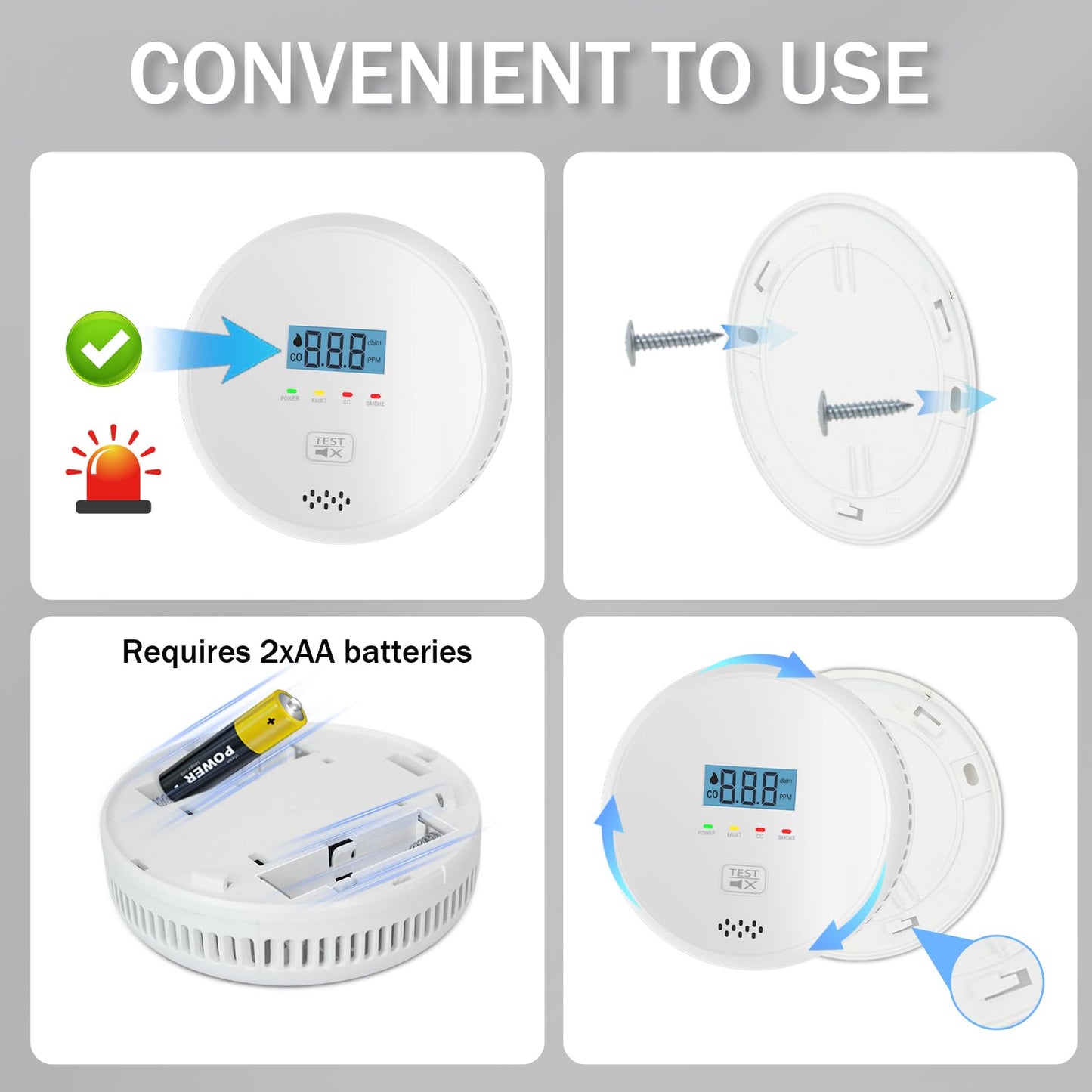 2-in-1 Smoke and Carbon Monoxide Detector Alarm ，Combination Smoke Detector & CO Fire Alarm 2XAA Battery-Operated ，LCD Display & 85db Sound Warning for Home, Bedroom, Kitchen