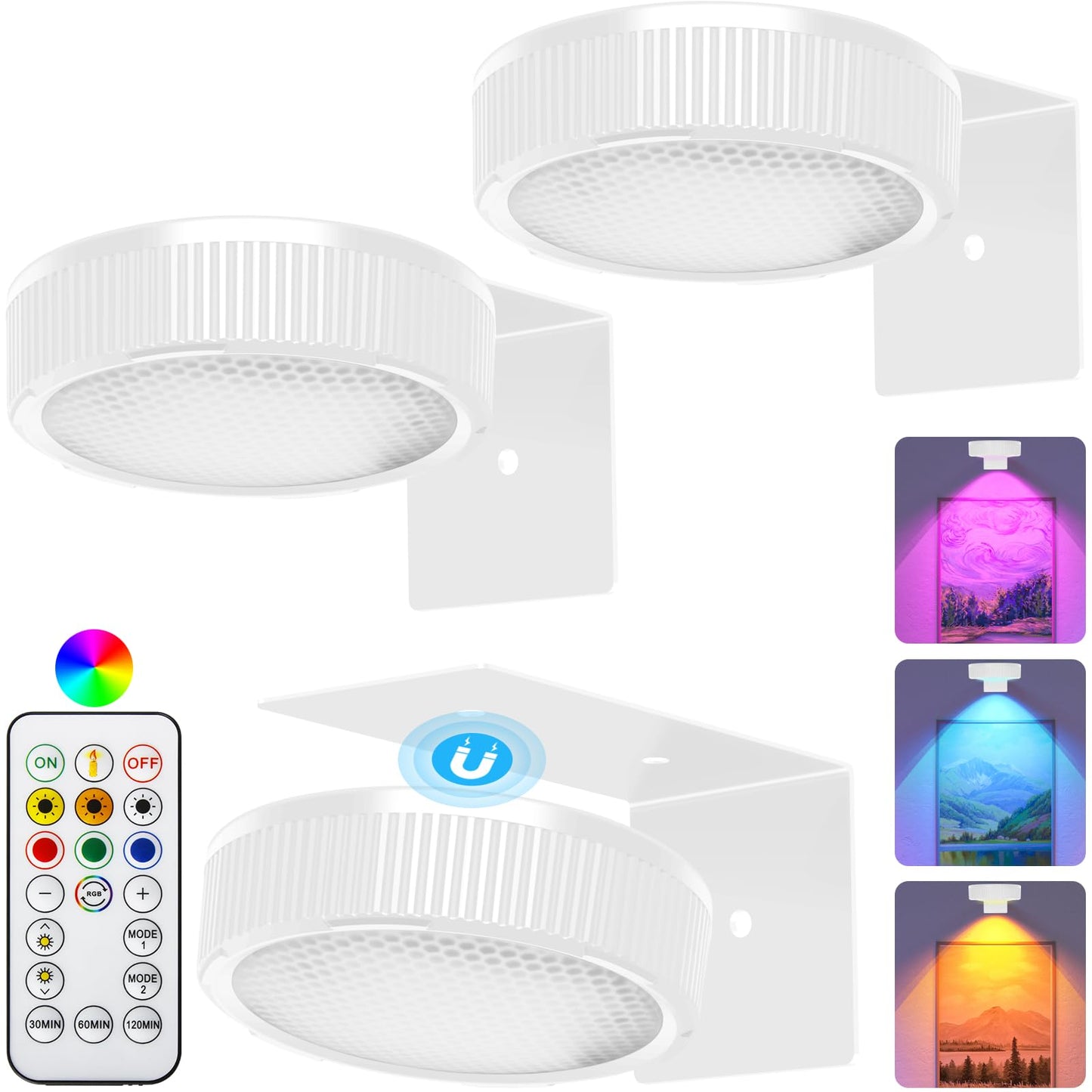 SIXDEFLY RGB Magnetic Suction Spotlight - Battery-Powered, Wireless, Remote Control - 3 Pack - White
