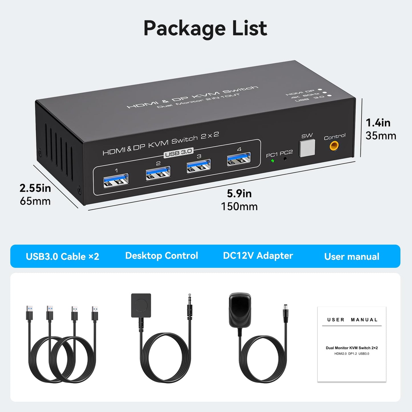 HDMI+Displayport KVM Switch 2 Monitors 2 Computers 4K@60Hz KVM Switcher for Two PC Share Dual Monitors and 4 USB 3.0 Ports Support Extended/Copy Mode with Desktop Controller&2 USB Cables