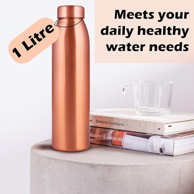 Copper Water Bottle 1Liter - Gift Box of 6, Plain, an Ayurvedic vessel made from pure copper - helps you drink more water, with many health benefits