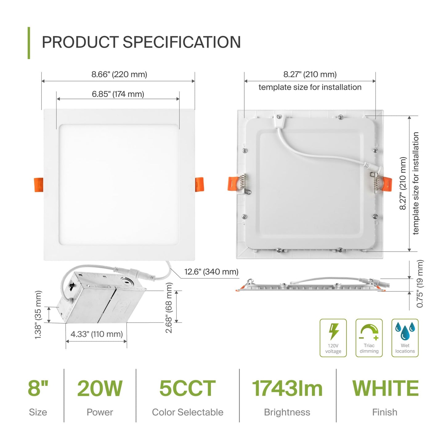 Asd 1 Pack Led Square Recessed Lighting 8 Inch  5 Cct 2700K-5000K Cri90+  20W 70W Eqv  Ultra Thin Dimmable Ceiling Lights With J Box  Canless Wafer Downlight  Slim Panel Light  Ul Energy Star  White