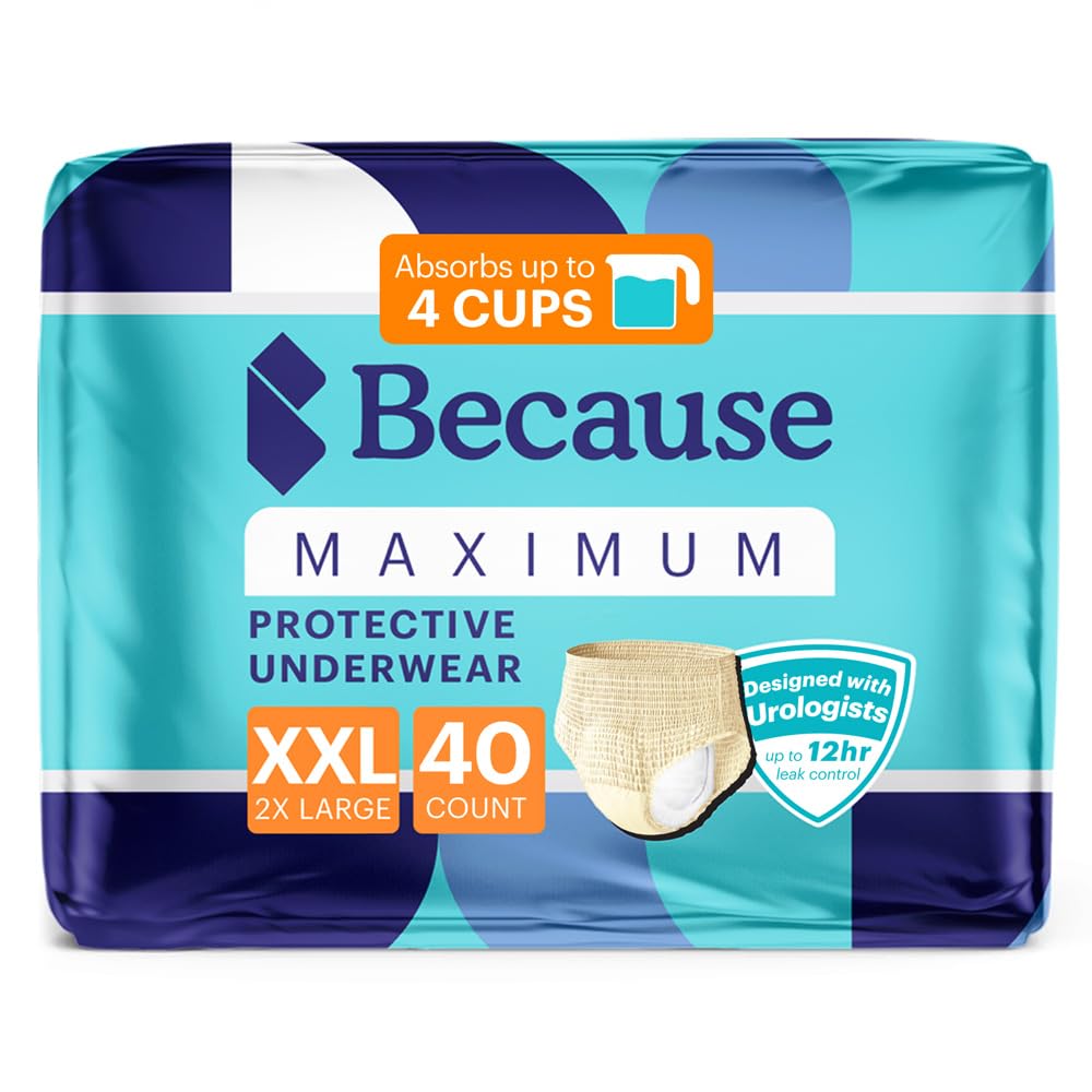 Because Premium Maximum Plus Adult Incontinence and Postpartum Bladder Leak Underwear for Women, Maximum Absorbency, Disposable, Beige, XXLarge, 40 Count (4 Packs of 10)