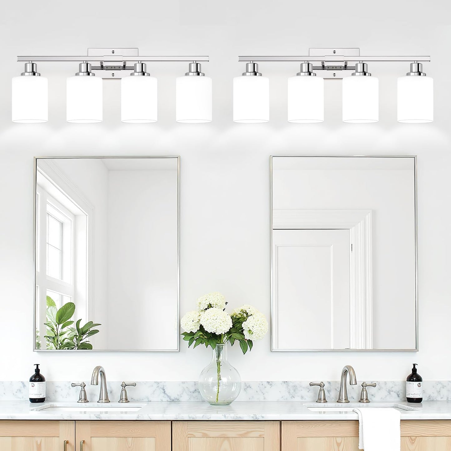 4-Light Vanity Light With Milky White Shades  Chrome Bathroom Lighting Fixtures Over Mirror  Modern Bathroom Wall Lamp For Mirror Living Room Cabinet Bedroom