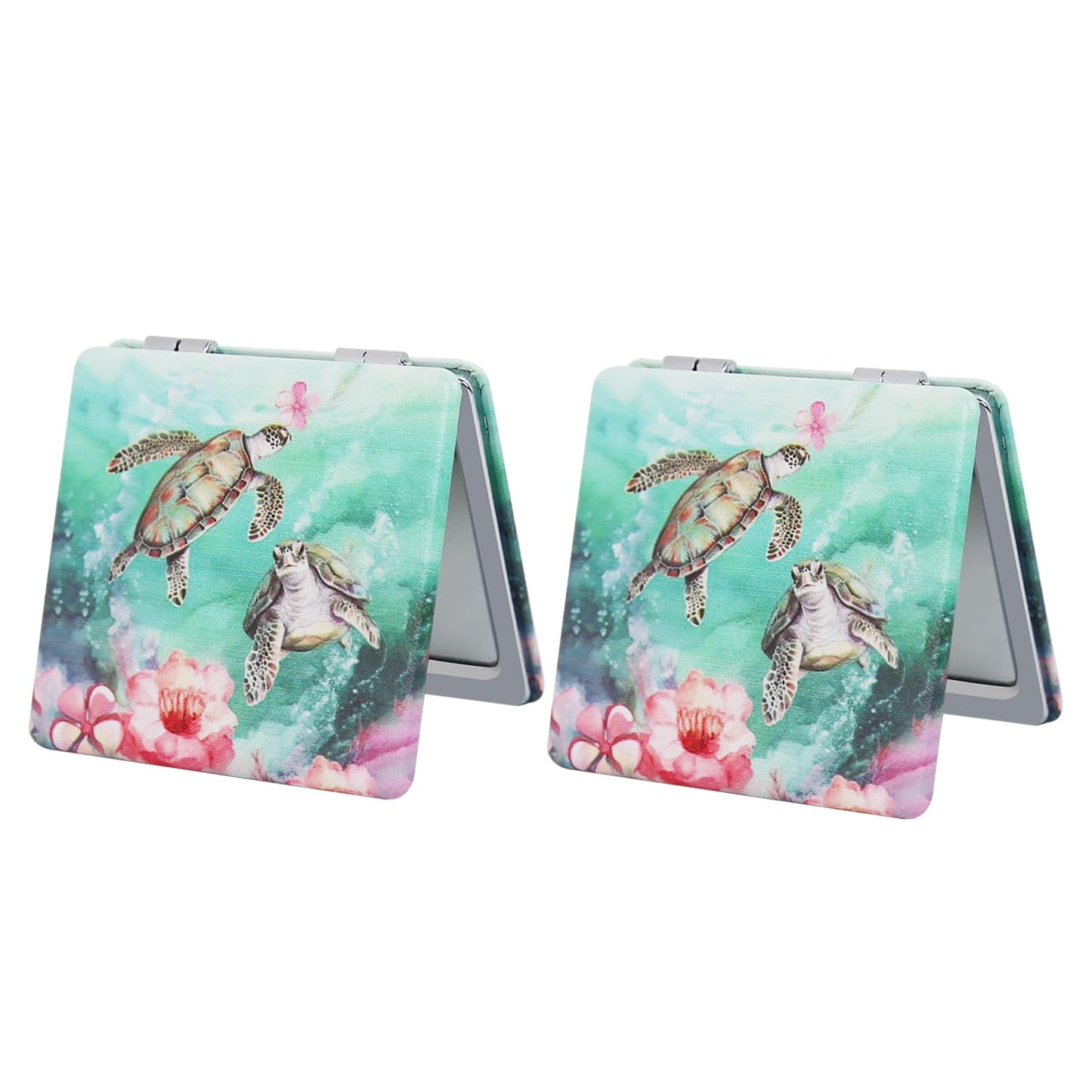 PDOZV Pocket Mirror for Women, 2 Pcs Square 2.8    PU MarineAnimal Style Double Sided 1X/3X Mirror for Purse Travel Compact Mirr