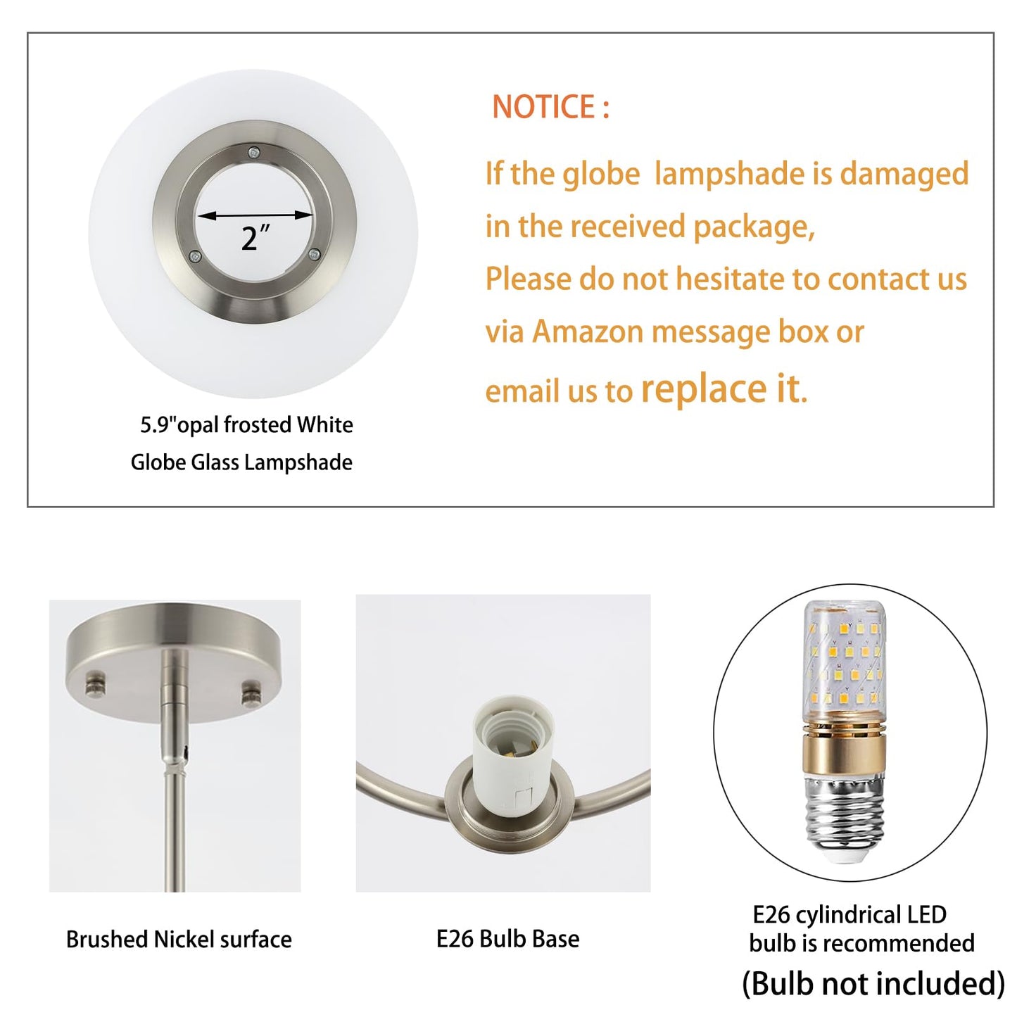 Byoliima Modern Globe Pendant Light 2-Lights Brushed Nickel Chandelier Mid Century Ceiling Hanging Lighting Fixture White Globe Glass Shades For Kitchen Island Dining Room Bedroom
