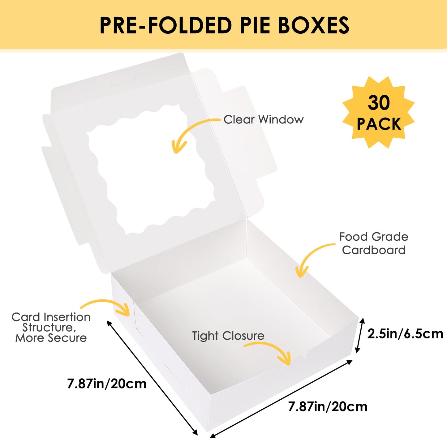Moretoes 30pcs Bakery Boxes, 8x8x2.5 Cookie Boxes with Window, White Treat Containers for Donuts, Chocolate Strawberries, Pie