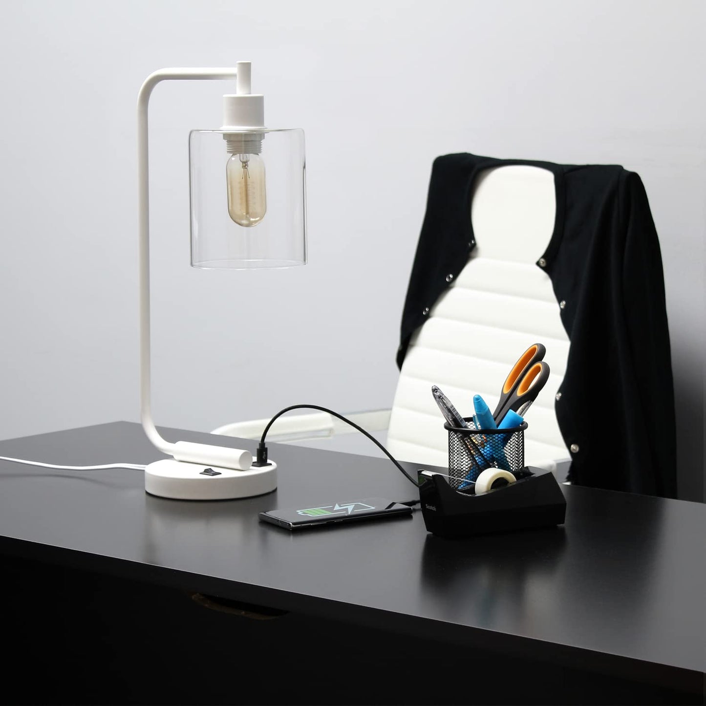 LALIA HOME Modern Iron Desk Lamp with USB Port, Glass Shade, 9.75inL x 5.75inW x 18.8inH, White, Model LHD-2002-W
