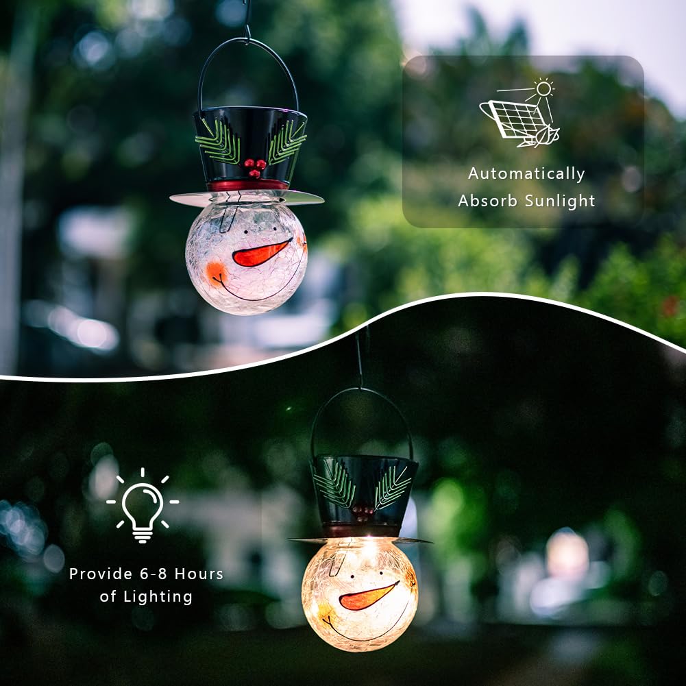 Starsoul 2 Pack Snowman Solar Lanterns  Christmas Outdoor Hanging Lantern Waterproof Decorative Snowman Lights Decor For Garden  Patio  Yard  Porch  Xmas Holiday Party Decor (Small Leaves)