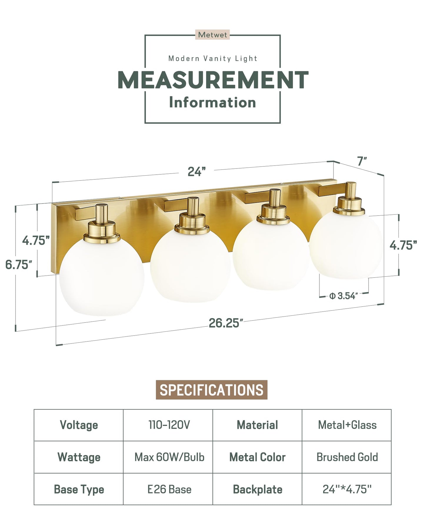 METWET Bathroom Light Fixtures, 4 Light Brushed Gold Vanity Light, 26 Inch Modern Wall Sconces with Globe Milk White Glass Shade, Vanity Lighting Fixtures Over Mirror, VL195-BG-ML-4