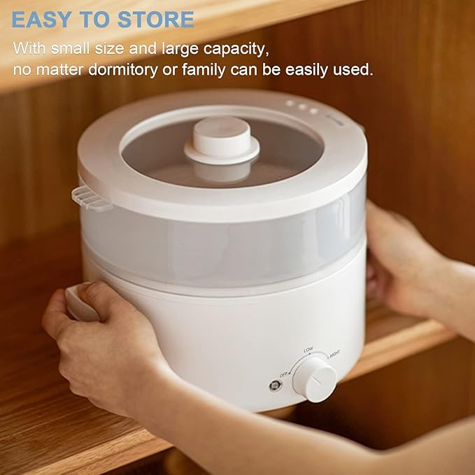Electric Steamer for Cooking, 2L Ceramic Glaze Non-stick Pot, Dual Power Multi-functional Electric Cooker, Suitable for Steak, Pasta, Hot Pot, Ramen, Quick Heating and Overheat Protection