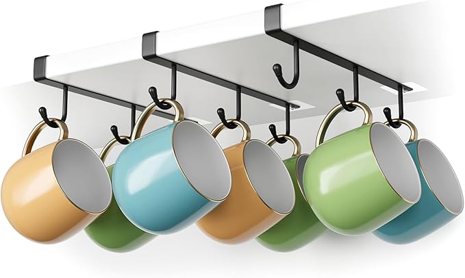 ECROCY Mug Hooks for Cabinet, Clip-On Shelf and Only Fits Flat Cabinet Without Any Lip, 3pcs Mug Holder No Drilling Free Damage