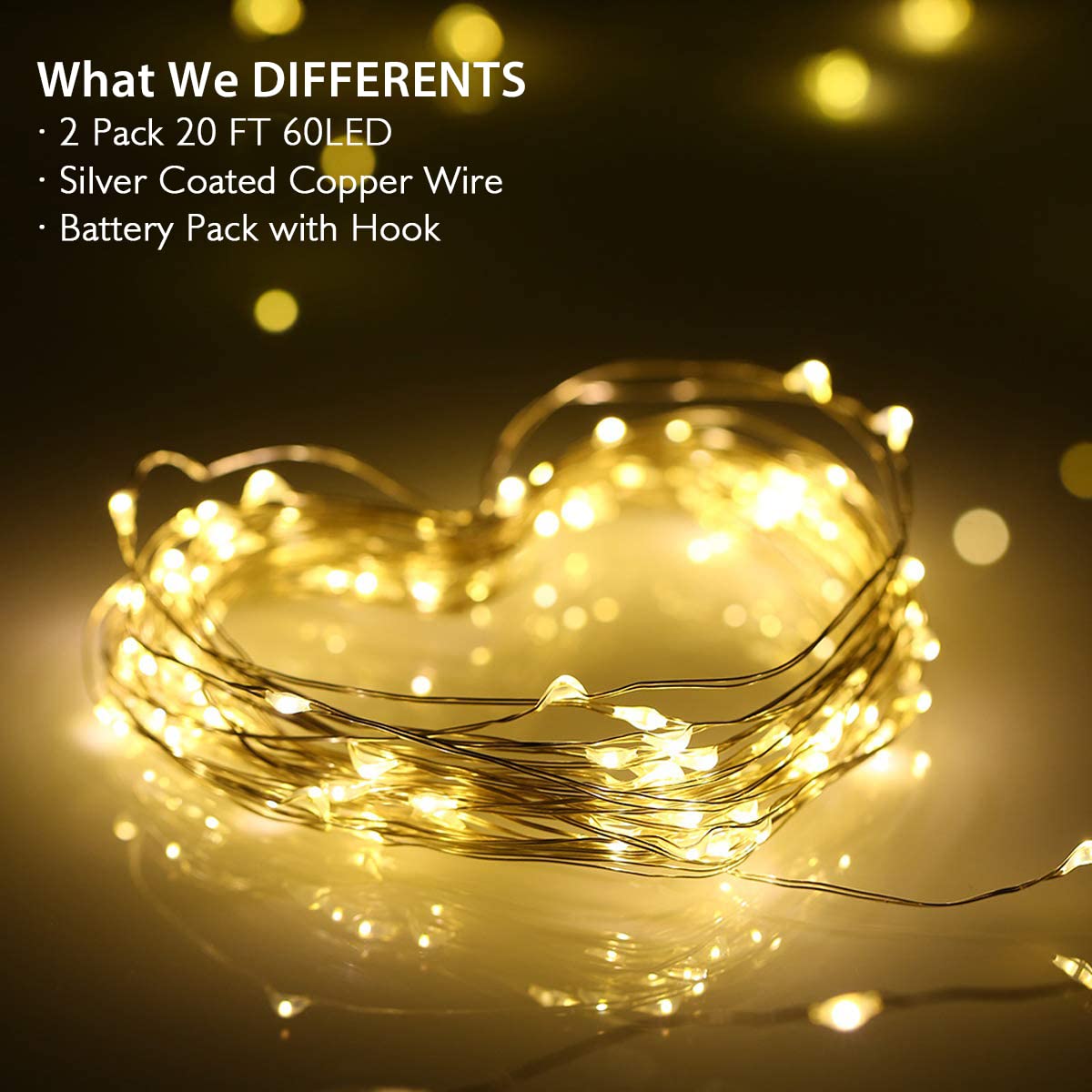 Homemory Fairy Lights, 20 Ft, 60 LED, Battery Operated, Warm White, Waterproof, 8 Modes, 2 Pack