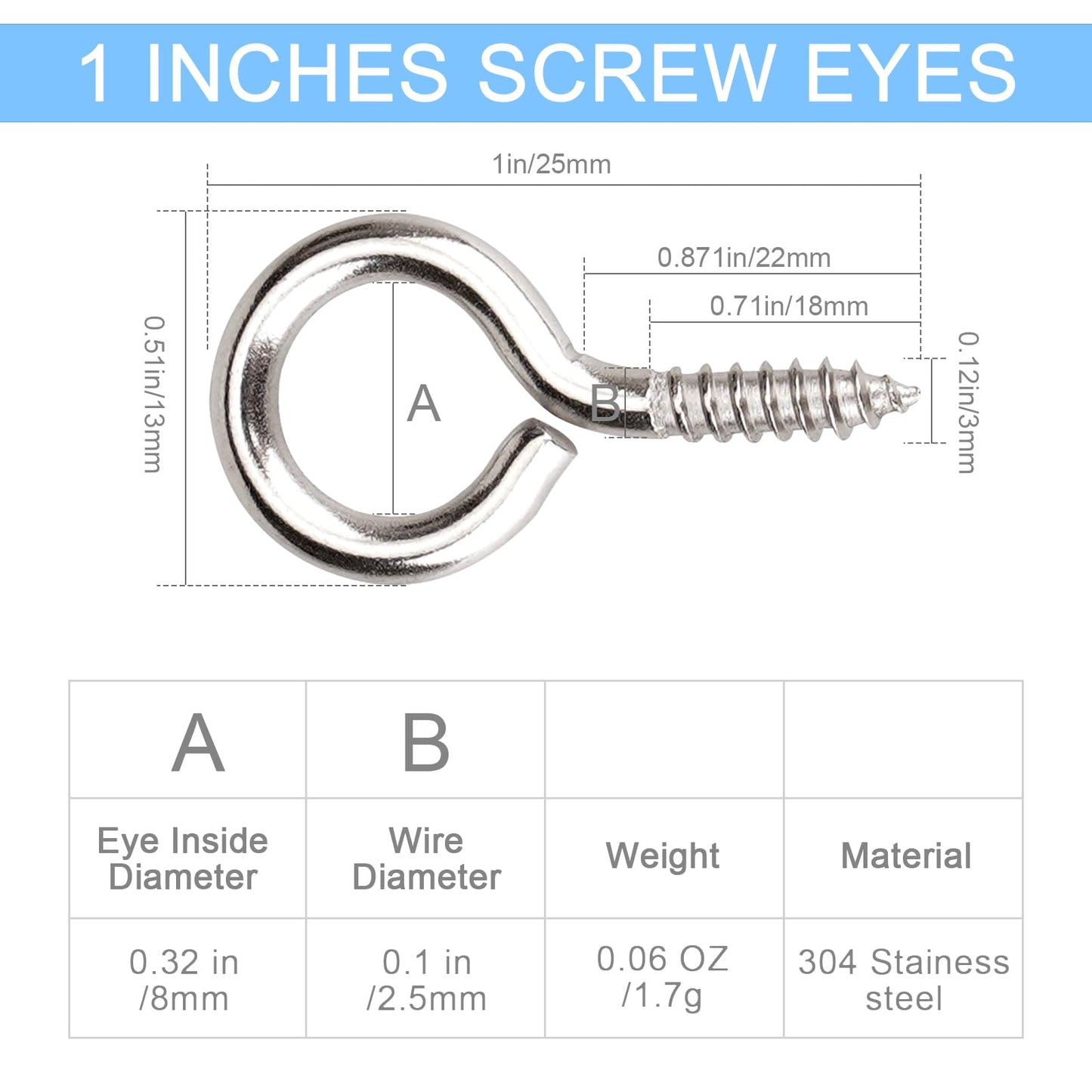 Aovchei Eye Screws, 50Pcs 1 Inch Long, 304 Stainless Steel Screw Hooks, Self Tapping Eye Bolts, Indoor & Outdoor for Hanging Artwork