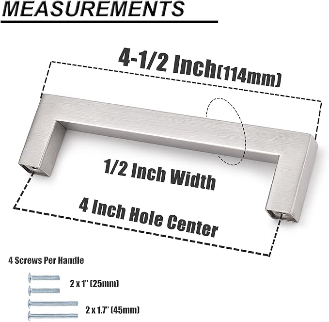 Probrico 4 Inch Satin Nickel Cabinet Pulls Stainless Steel, 10 Pack Door Cabinet Handles,Drawer Dresser Pull Knobs Kitchen Furniture Hardware for Cupboard Wardrobe,Total Lenght:4-1/2 Inch (114mm)