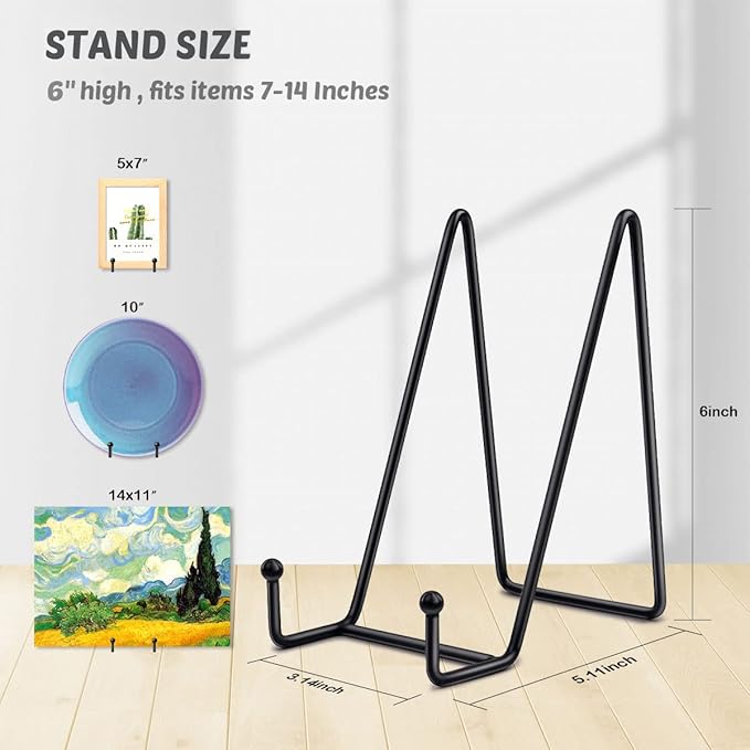 Mocoosy 2 Pack 6 Inch Display Stands for Plate - Black Metal Iron Easel Plate Holder Stands Frame Holders for Displaying Photos, Pictures, Decorative Plate Dish and Tabletop Art
