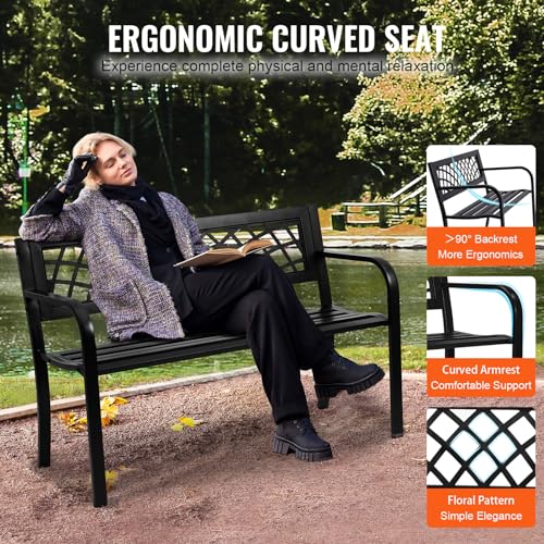 VEVOR Outdoor Bench, 46" Iron Steel Frame Garden Park Bench with Mesh Pattern and Plastic Backrest Armrests, Patio Bench f...