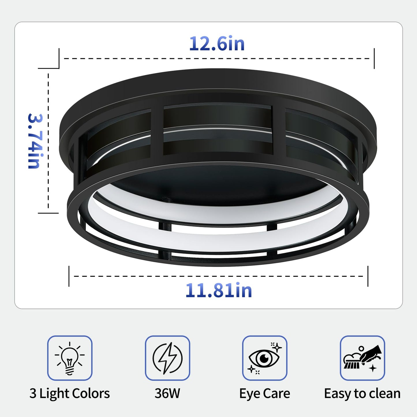 ZHU YAN LED Flush Mount Ceiling Light Fixture, 13in, Black, 3 Color Selectable, Model D0908, 2 Pack