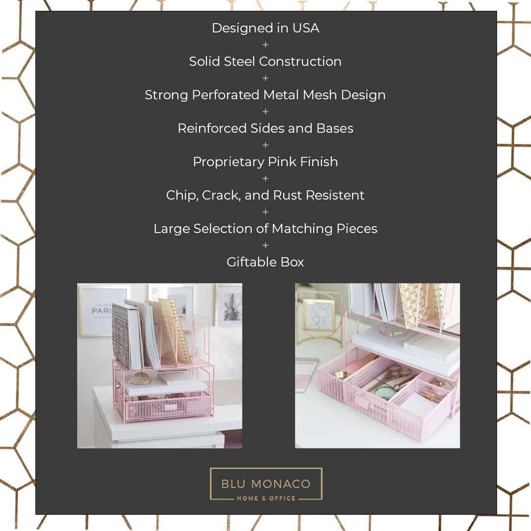 BLU MONACO Pink Desk Organizer | Metal File Sorter with Drawer | Office Supplies and Desktop Storage for Home Office