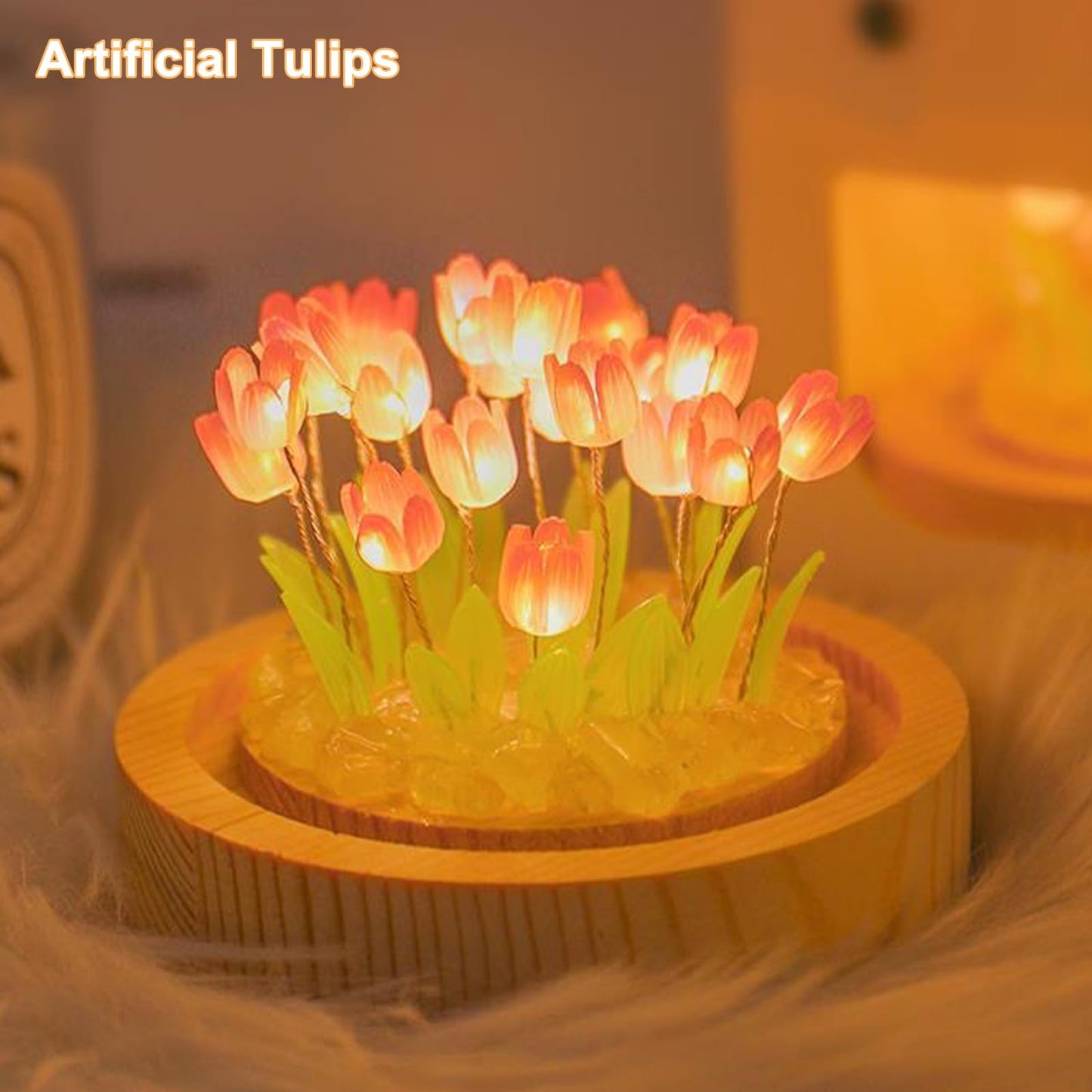 Tulip Night Light Cordless  Birthday Flower Gifts For Her - Small Flower Lamp With Glass Cover  Wooden Base And Gift Bag -Cute Romantic Home Decor For Mom  Grandmother  Wife  Girlfriend  Sister  Women