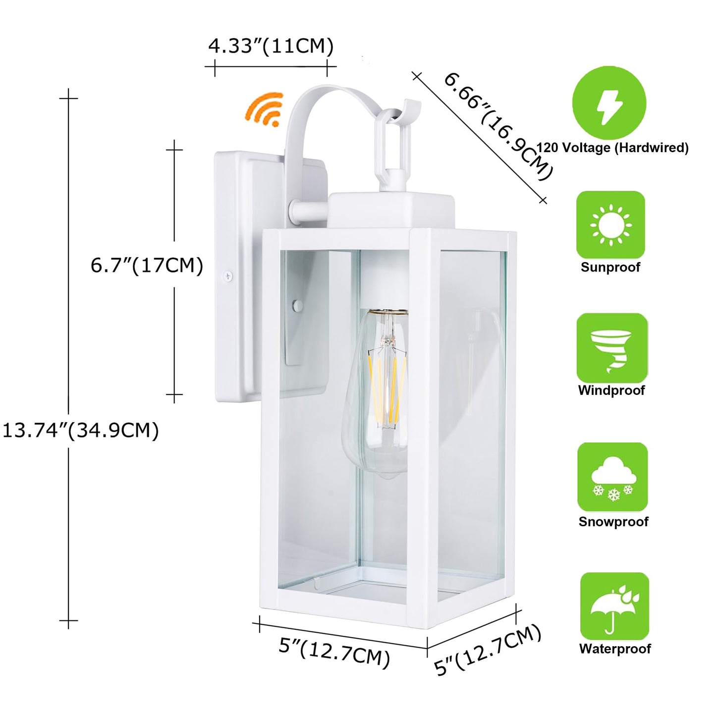 Gruenlich Dusk to Dawn Outdoor Wall Lantern, LED Sconce, Metal Housing, White Finish, E26 Base, Model GR-WL004D2D-WT