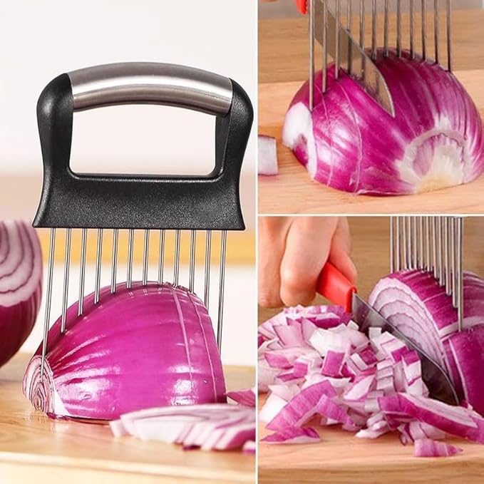 Onion Holder for Slicing, Onion Cutter Vegetable Chopper, Stainless Steel Slicer for Potato, Avocados, Eggs, Food Slicer Assistant Tool for Fruit Lemon and Meat (1)