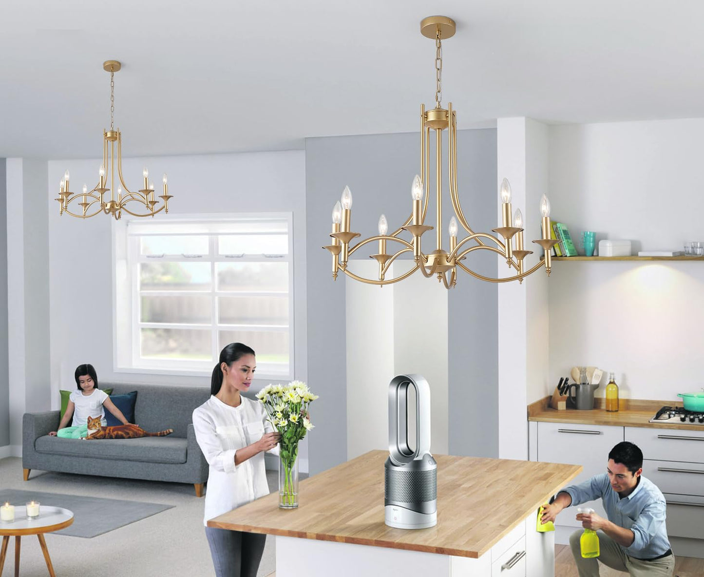 Pretoy Gold Chandeliers For Dining Room 8-Light Farmhouse Dining Room Light Fixtures Candle Chandelier Lighting For Bedroom  Hallway Entryway Living Room Kitchen Foyer