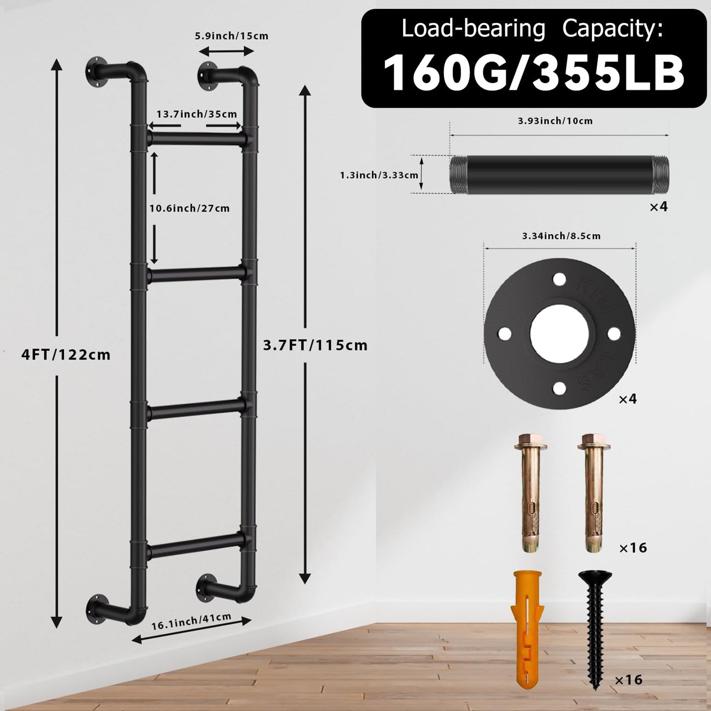 Black 4-Step Wall Mounted Steel Ladder, 4FT Egress Window Well Loft Ladder for Bedroom, Bunk Bed, Camper, Dorm – Wall/Floor-Mounted Indoor Climb Step for Small Space, Blanket Rack, Basement, Gym